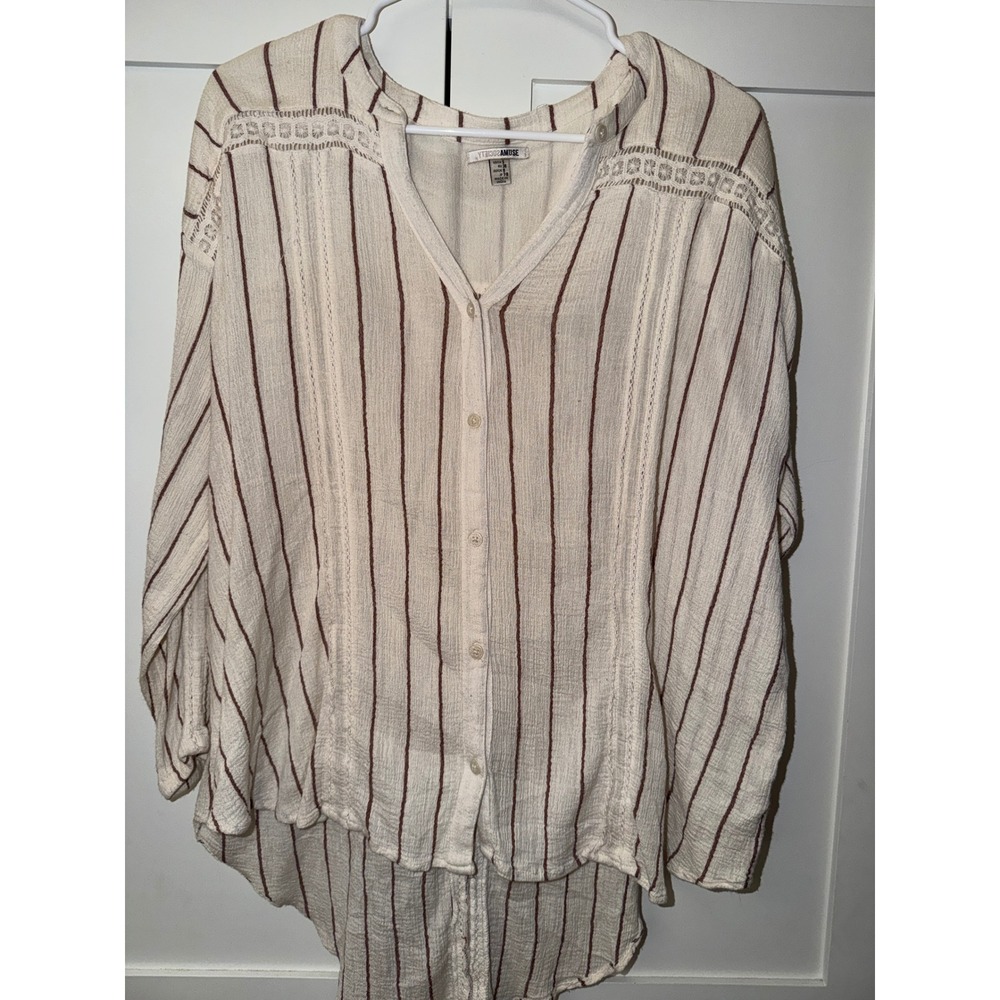 Amuse Society Womens Striped Gauze Button Down Blouse Lace Trim Cream Brown S
